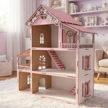 Imagem de Casinha Boneca Rosa Branco Miniatura MDF Barbie Polly 60cm - Genérico,
