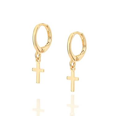 Imagem de Brinco Rommanel Unissex Argola Cruz Folheado a Ouro - 526789