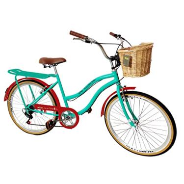 Imagem de Bicicleta aro 26 vintage urbana 6v bagageiro vime verde