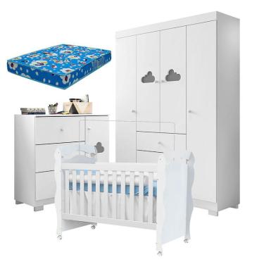 Imagem de Quarto de Bebê Ane com Berço Americano New Nanda Branco Brilho e Colchão Ortobom – Phoenix Baby