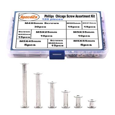 Imagem de SpzcdZa 120 peças Phillips Chicago parafusos de encadernação de parafusos kit de seleção para scrapbook álbum de fotos artesanato e DIY de couro decoração de livro (M5 x 5/15/25/35/45/55), Prata