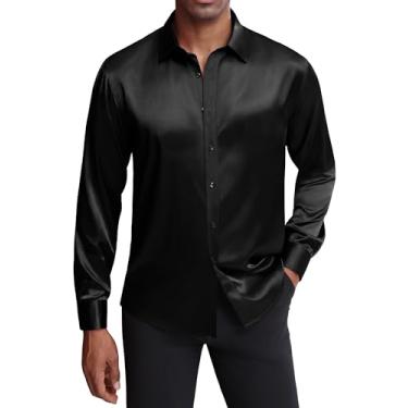 Imagem de J.VER Camisas sociais masculinas de cetim de seda manga comprida brilhante casual com botões camisa de luxo para festa de formatura, Preto, 4G