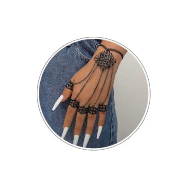 Imagem de Zeshimb Pulseira de anel gótico, pulseira de corrente escrava, pulseira vintage preta com anéis de dedo, bijuteria feminina, One Size, Zinco, Sem Pedra Preciosa