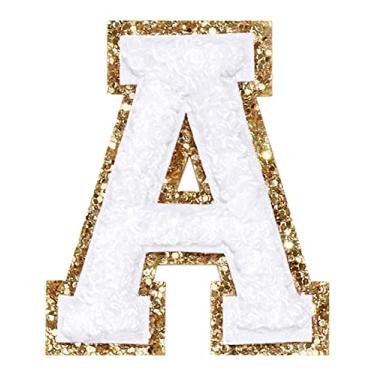 Imagem de 3 Pçs Chenille Letter Patches Ferro em Patches Glitter Varsity Letter Patches Bordado Bordado Borda Dourada Costurar em Patches para Vestuário Chapéu Camisa Bolsa (Branco, A)