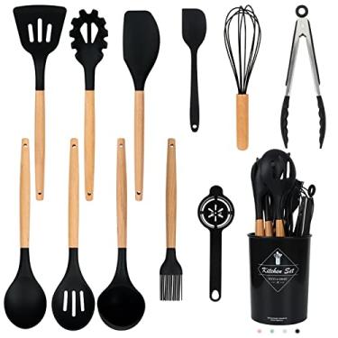 Imagem de Conjunto de utensílios de cozinha pretos - Conjunto de 12 peças de utensílios de cozinha de silicone com cabo de madeira (lavável na lava-louças), conjunto de espátulas resistentes ao calor, panelas antiaderentes, melhor cozinha
