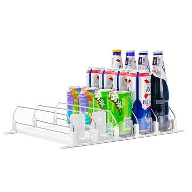 Imagem de RULA Organizador de bebidas para geladeira, dispensador de lata de refrigerante autoempurrável para mini geladeira, empurrador de garrafa de água com largura ajustável, branco, 5 fileiras, 31 cm D