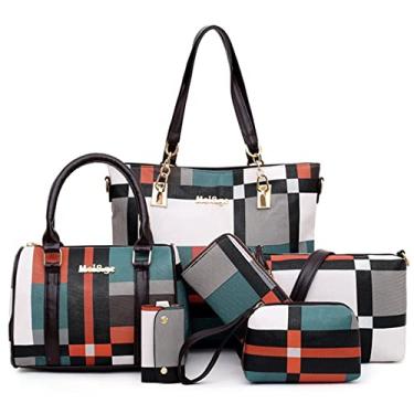 Imagem de GJGJTER Conjunto de 6 bolsas e bolsas de mão femininas de couro PU bolsa de ombro carteira clutch (tecido atualizado), Verde, One Size