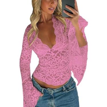 Imagem de Camisetas femininas de renda floral, manga longa, gola V profunda, malha transparente, Y2K, para sair, rosa, P