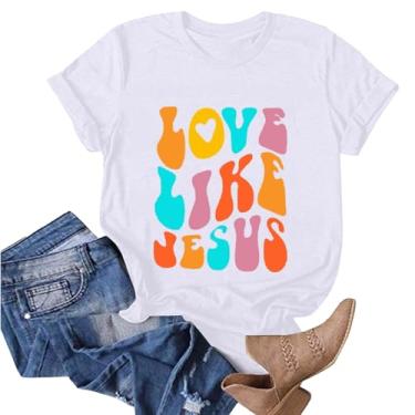 Imagem de Camiseta Jesus Loves You de manga curta com estampa de Jesus, leve, básica, casual, manga curta, frase abençoada, 08 - Branco, XX-Large
