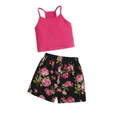 Imagem de Floerns Conjunto de 2 peças de blusa de malha canelada e shorts com estampa floral para meninas, Rosa choque, 6Y