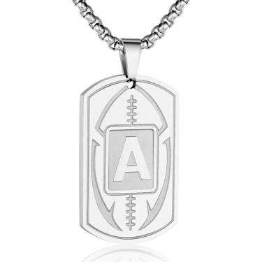 Imagem de Colar masculino com letra A-Z com pingente de futebol americano, corrente de aço inoxidável 55 cm + 5 cm, joia personalizada para atletas esportivos, presente, Prata, Sem Pedra Preciosa