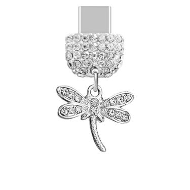 Imagem de ELISE & FONDA TP259 Tipo-C porta de carregamento USB cristal antipoeira pequena libélula pingente de celular para telefones Samsung/Huawei/OnePlus/Xiaomi/oppo Android (branco), approx.2 cm (L) x 0.3