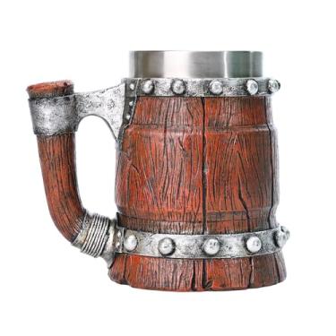 Imagem de Caneca de cerveja viking nórdica, resina grande + copo viking de aço inoxidável, caneca de cerveja estilo madeira, barril de caneca de cerveja de mitologia nórdica, decoração legal para casa nórdico