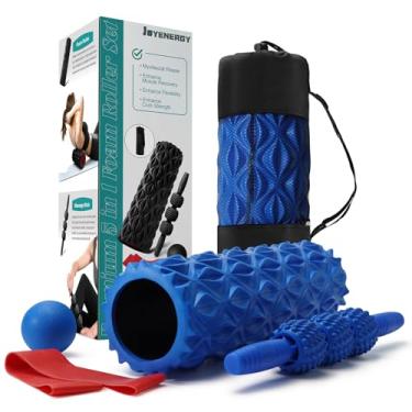 Imagem de JOYENERGY Conjunto de rolos de espuma 5 em 1, rolo de espuma com ponto de gatilho, bastão de massagem, bola de massagem, alça de alongamento para massagem muscular profunda Pilates Yoga, exercício