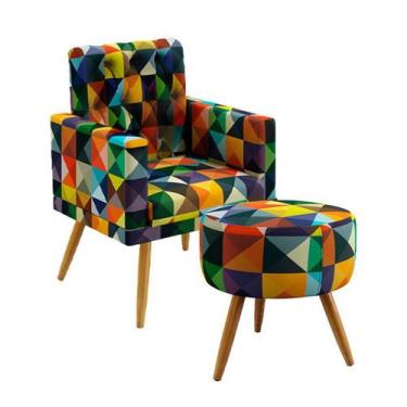 Imagem de Kit Poltrona Nina Capitonê com Puff Solar Suede Estampado Colorido Ara