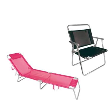 Imagem de KIT 1 Cadeira De Praia Reforçada 140kg + 1 Cadeira Espreguiçadeira Alumínio Rosa
