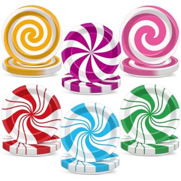 Imagem de 60 peças de pratos de papel de bengala doce de hortelã-pimenta de Natal 18 cm colorido com tema de pirulito doces descartáveis pratos de jantar de sobremesa para doces loja Candyland Holiday chá de
