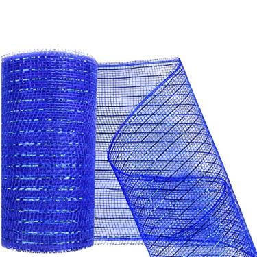 Imagem de MIKIMIQI Deco Mesh 15 cm x 76 cm Fita de malha decorativa com folha metálica Deco Mesh Wreath Supplies Rolo de malha para grinaldas de primavera, decoração de festa, sem fio (azul royal)