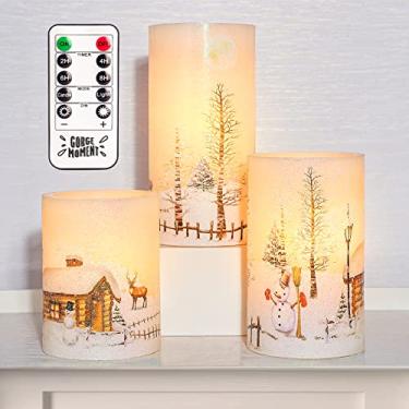 Imagem de GORGE MOMENT Flameless Candles Holiday Decor Lights LED with Remote Timer Snow Scene Real Wax Candles Battery Operated, Christmas Gift Light Up Table Room Ornaments Snowman Reindeer Cottage Trees