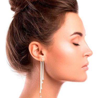 Imagem de Brinco Feminino Delicado Franja Strass Prateado Corrente - anjo da mam