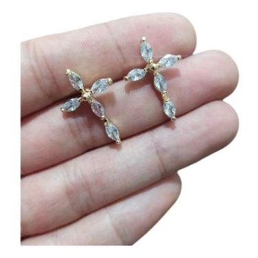Imagem de Brinco Cruz Zirconia Dourado Folheado A Ouro - De Castro joias, Dourad