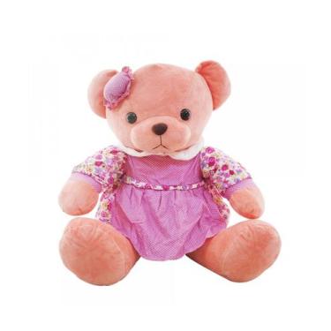 Imagem de Ursa Salmão ou Marrom Sentada De Vestido Florido E Chapeuzinho 37cm - 