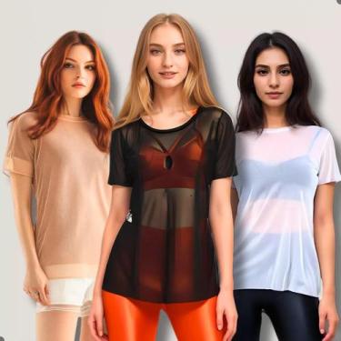 Imagem de Kit 3 Blusa Tule Feminina Academia Transparente Tshirt Lisa - Contramã