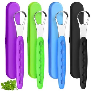 Imagem de 4 peças de limpador de língua, adultos e crianças, escova de língua de aço inoxidável, raspador de metal, reduz o mau hálito com estojos de viagem para homens e mulheres boca oral (verde, azul, preto