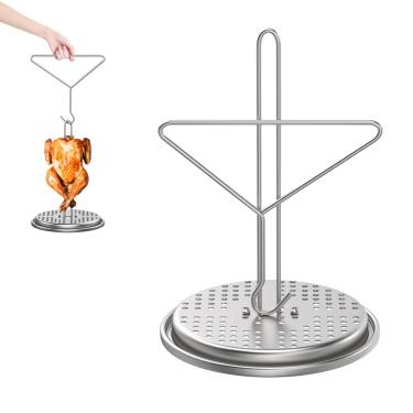 Imagem de AJinTeby Acessórios para fritadeira de peru Assador de frango vertical com gancho de aves, base de suporte de torradeira de fritadeira de peru com acabamento cromado gancho levantador