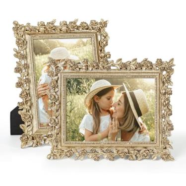 Imagem de FOLKOR Moldura vintage dourada 10 x 15 cm com suporte e vidro verdadeiro, pacote com 2 molduras decorativas de flores retrô para retratos de família, desenhos instantâneos de casamento, parede de