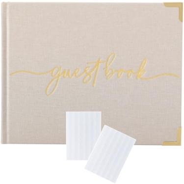 Imagem de Olive & Lark Livro de convidados de casamento linho com cartão de sinal e adesivos de canto de foto, livro de convidados de casamento Polaroid para recepção de casamento ou livro de convidados de