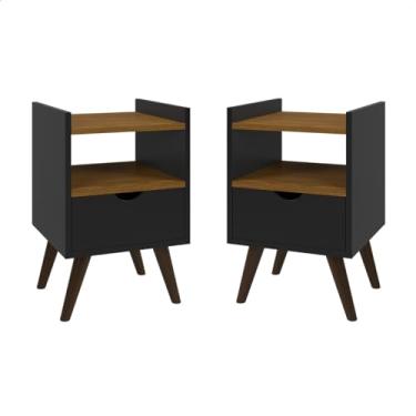 Imagem de Kit 2 Mesa De Cabeceira Alice com 1 Gaveta Nicho Pés Palito Anti Umidade Decoração Quarto (Preto/Freijó)