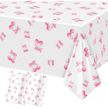 Imagem de 2 peças de toalhas de mesa com laço rosa, 137 cm × 263 cm, toalhas de mesa de plástico com laço de cereja, descartáveis, à prova d'água, retangulares, para aniversário, chá de bebê, festa de despedida