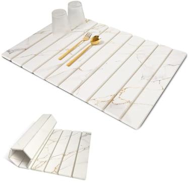 Imagem de Sofort Tapete De Secagem De Pedra Para Balcão De Cozinha, Tapete De Secagem De Pratos Dobrável Superabsorvente, Tapetes De Terra Diatomácea De Secagem Rápida De Mármore Branco Dourado Para Pratos, P