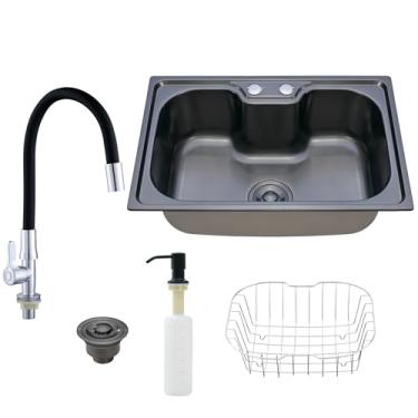 Imagem de HOLTTER, Kit Cuba de Embutir ou Sobrepor Cozinha Gourmet Inox com Torneira Silicone de Bancada Conjunto de Cuba Aço Inox com Acessórios mais Torneira Flexível (Preto)