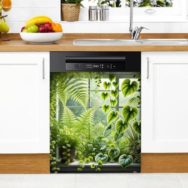 Imagem de Adesivo magnético de folha verde para lava-louças capa magnética decorativa para máquina de lavar geladeira painéis de porta eletrodomésticos adesivos para máquina de lavar e secar