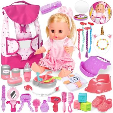 Imagem de PROOU Conjunto De Brinquedos De Boneca Para Cuidados Com O Bebê, Conjunto De Boneca Realista De 20 Peças, Brinquedos De Boneca Infantil, Incluindo Brinquedo De Boneca De 14 '', Mochila, Conjunto De Al