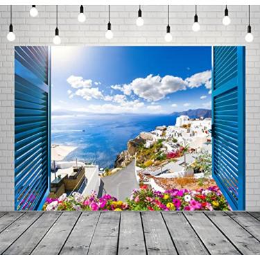 Imagem de Loccor Tecido 1,5 x 0,9 m pano de fundo grego ilha de Santorini arquitetura tradicional flores mar egeu janela cenário cenário tema Momma Mia decorações festa de aniversário adereços de cabine de
