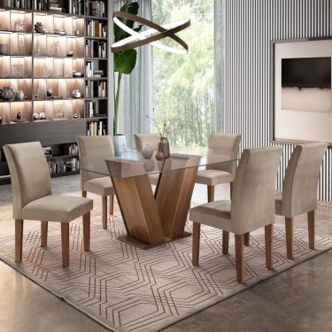 Imagem de Conjunto Sala de Jantar Mesa Tampo de Vidro 6 Cadeiras Tecido Pena 84 Classic Cel Móveis