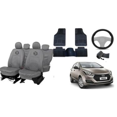 Imagem de Kit capa couro cinza HB20 14-18 + tapete + volante top - ferro tech br