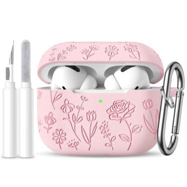 Imagem de DGege Capa para AirPods Pro 2ª/1ª capa com kit de limpeza, linda capa protetora de silicone macio com gravação de flor rosa compatível com Apple AirPods Pro 2/Airpod Pro, capa com chaveiro, LED