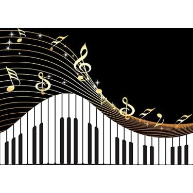 Imagem de BELECO 3 x 2,4 m Tecido Piano Música Fundo Musical Notas Musicais Preto e Dourado Fundo de Piano Teclado Música Tema de Festa de Aniversário Banner YouTube Vídeo Foto Adereços Papel de Parede