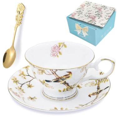Imagem de Xícaras de chá e pires, conjunto de xícaras de café de porcelana floral de 200 ml com colher, xícaras de chá de jardim vintage com acabamento dourado, xícaras de chá em uma caixa de presente