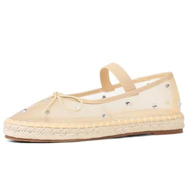 Imagem de AMINUGAL Sapatilhas de balé de malha para mulheres, bico redondo, plataforma Mary Janes, alpargatas elásticas, sapatos de malha branca, elegante, confortável, bailarina, C-damasco, 36