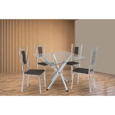 Imagem de Kit 4 Cadeiras Sala Jantar Volga c/ Tampo de Vidro 90cm e 4 Cadeiras Florença Cromada - Courano Preto - Kappesberg