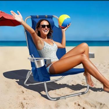 Imagem de Cadeira de praia alta de alumínio com 5 posições, mochila compacta portátil para adultos com bolsa térmica, bolsa de armazenamento, barra de toalha, suporte de copo e suporte de telefone, azul marinho