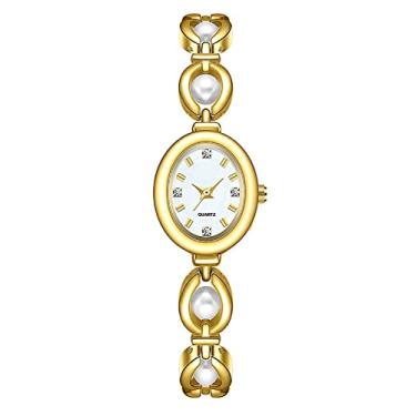 Imagem de ADSBIAOYE Relógio elegante de pérola feminina com mostrador oval de moda relógio de presente relógio feminino à prova d'água, Dourado, Tendência