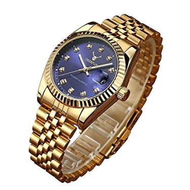 Imagem de Relógio masculino de quartzo unissex fashion de luxo com calendário de aço inoxidável, strass, à prova d'água, esportivo, esportivo, Gold Blue