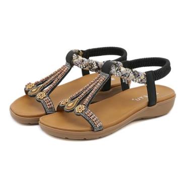 Imagem de YOUNIFIZ Sandália feminina rasteira gladiadora de verão boêmia, strass, confortável, bico aberto, tira elástica no tornozelo, sandália de praia, Preto, 38