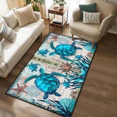 Imagem de Tapete lavável para quarto de tartarugas marinhas, 7,5 x 12,5 cm, tartarugas azuis, praia, vida oceânica, azul-petróleo, costeiro, antiderrapante, área náutica, tapetes pequenos, para entrada, sala de